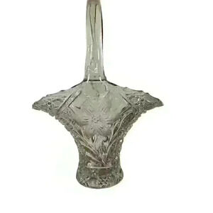 American Brilliant Etched Pressed Glass Crystal Basket Form Vase Handle 13"H